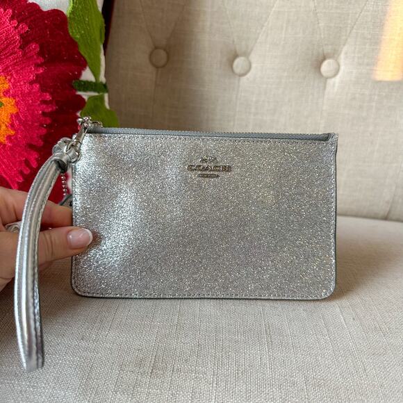 Coach Sparkle Silver Large Wristlet Clutch Wallet - Picture 1 of 8